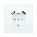 Розетка одинарная с 2 USB Минск скрытой установки с заземлением 16А+2,1А+2,1А со шторками в сборе белый ERR16-028-100-2 USB EKF