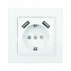 Розетка одинарная с 2 USB Минск скрытой установки с заземлением 16А+2,1А+2,1А со шторками в сборе белый ERR16-028-100-2 USB EKF