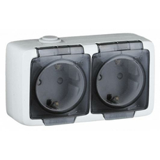 Розетка двухпостовая с заземлением со шторками открытой установки белая "ALFA IP44" РА16-252 Hegel