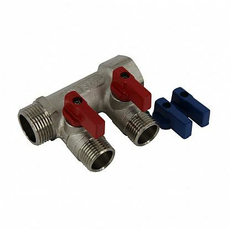 Коллектор латунный с шаровыми кранами 3/4" ВР/НР 2 отвода 1/2" НР красные и синие ручки в комплекте