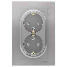 Розетка двойная Atlasdesign скрытой установки с заземлением со шторками 16А в сборе алюминий ATN000326 Schneider Electric