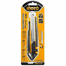 Нож технический (канцелярский) плоский стопор, лезвие SK5 18*100 мм, 169 мм, 3 лезвия в комплекте HKNS16538 INGCO
