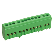 Шина "PE" (земля) 12 отверстий 6х9 мм на DIN-рейку в корпусном изоляторе (зеленый) YNN10-69-12KD-K06 IEK