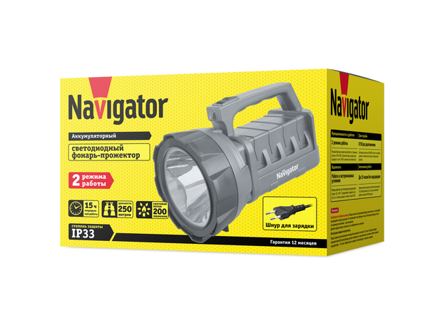 Фонарь Navigator 71 596 NPT-SP14-ACCU Прожект. 3Вт LED, 200лм, АКБ 3Ач.