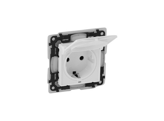 Розетка одинарная Valena LIFE скрытой установки IP44 силовая 2К+З с заземлением с защитными шторками с откидной крышкой белый 753119 Legrand