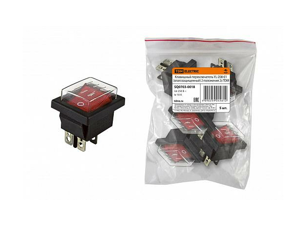 Клавишный переключатель YL-208-01 черный корпус красная клавиша (влагозащищенная) 2 пол 2з TDM SQ0703-0018