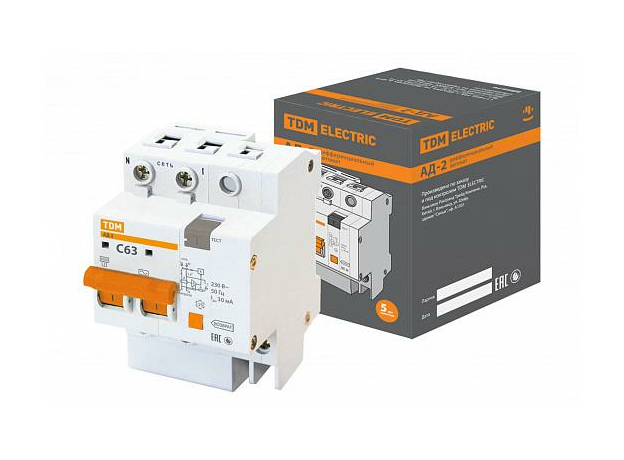 Дифференциальный автоматический выключатель (дифавтомат) АД-2 2Р 63А 30мА SQ0221-0005 TDM