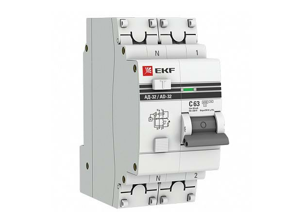 Автоматический выключатель дифференциального тока (дифавтомат) АД-32 63А 30 мА C, PROxima тип AC 4,5 кА под опломбировку DA32-63-30-pro EKF
