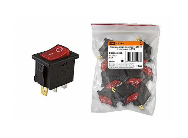 Клавишный переключатель YL-211-02 черный корпус красная клавиша 2 пол 1з TDM SQ0703-0020