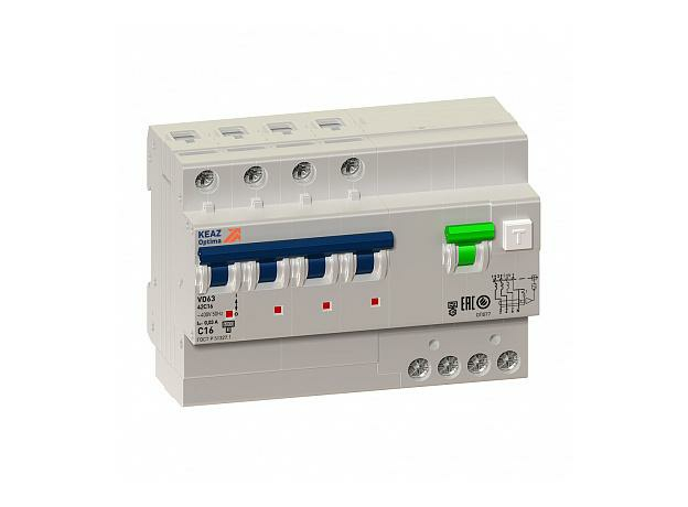 Выключатель автоматический дифференциального тока АВДТ четырехполюсный с защитой от сверхтоков OptiDin VD63-42C40-A-УХЛ4 (C40, 30mA) 103480 КЭАЗ