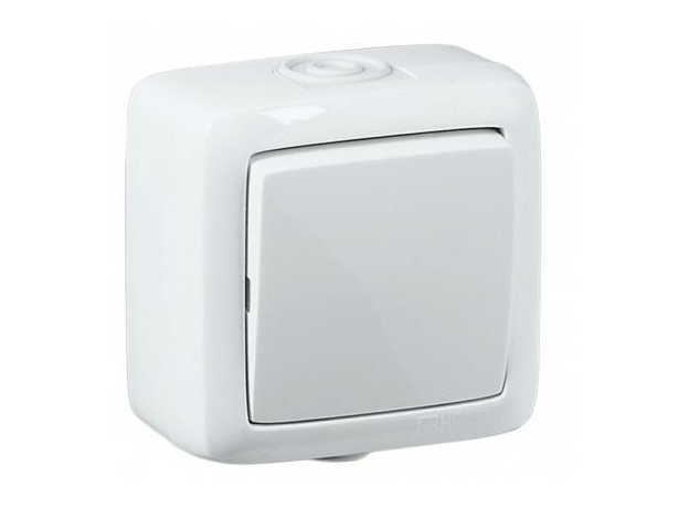 Выключатель одноклавишный открытой установки белый "ALFA IP44" ВА10-211 Hegel