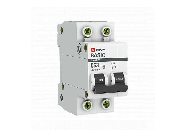 Автоматический выключатель модульный ВА47-29 2п 63А C 4,5кA AC (переменный) mcb4729-2-63C EKF