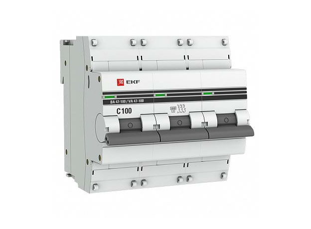 Автоматический выключатель модульный ВА47-100 3п трехполюсный 100А C 10кA AC (перемен.) под опломбировку mcb47100-3-100C-pro EKF