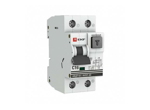Автоматический выключатель дифференциального тока (дифавтомат) АВДТ-63 16А/30мА (хар-ка C, электрон. тип A, 6кА (DA63-16-30e) EKF