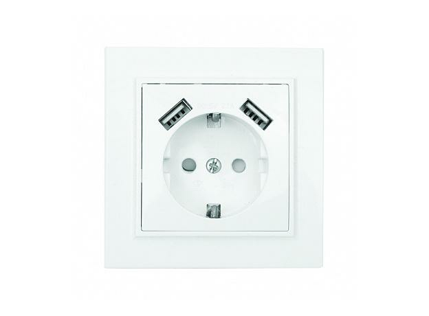 Розетка одинарная с 2 USB Минск скрытой установки с заземлением 16А+2,1А+2,1А со шторками в сборе белый ERR16-028-100-2 USB EKF