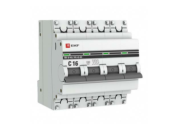Автоматический выключатель модульный ВА47-63 4п четырехполюсный 16А C 4,5кA AC (перемен.) под опломбировку mcb4763-4-16C-pro EKF