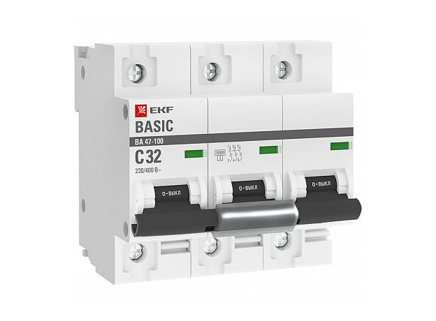 Выключатель автоматический 3P 32А (C) 10kA ВА 47-100 Basic mcb47100-3-32C-bas EKF