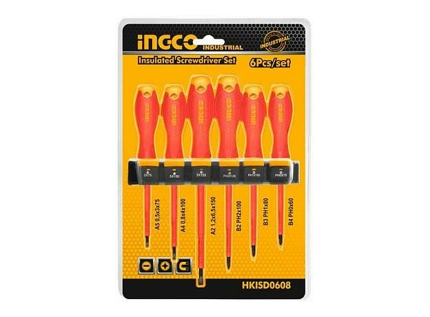 Набор отверток диэлектрических Cr-V, VDE SL3.0х75, SL4.0х100, SL6.5х150, PH0х60, PH1х80, PH2х100 INGCO INDUSTRIAL HKISD0608