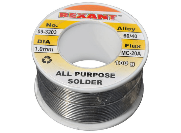 Припой с канифолью Rexant, 100 г, .1.0 мм, (олово 60%, свинец 40%), катушка, блистер