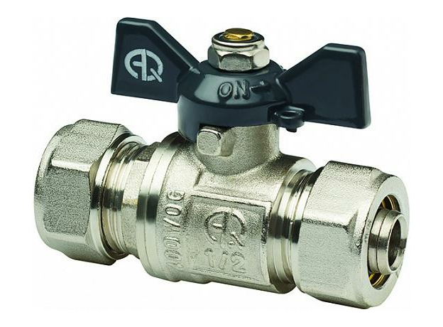 Кран шаровой латунный для МП труб обжим 16х20 бабочка 03943 AQUALINK