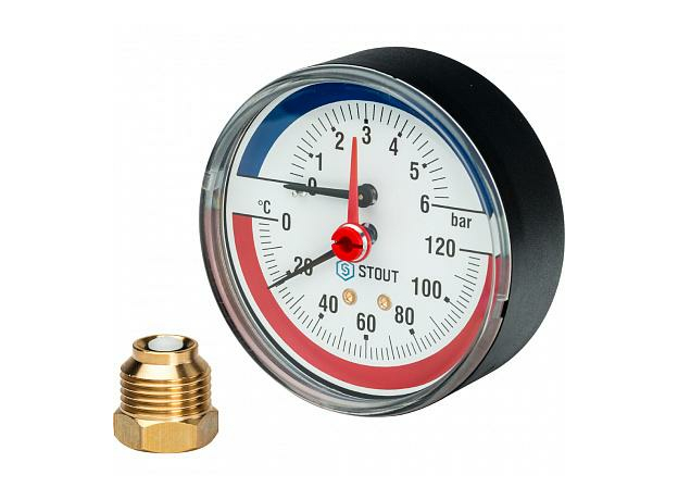 Термоманометр аксиальный в комплекте с автоматическим запорным клапаном. Корпус Dn 80 мм 1/2", 0...120°C, 0-6 бар. SIM-0005-800615 STOUT