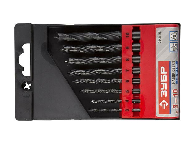 Набор сверл спиральных по дереву, 8шт(d=3-10мм), М-образная заточка, сталь 65Г ЗУБР Эксперт 29421-H8