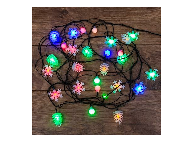 Гирлянда светодиодная (электрогирлянда) Нить 4.4 м 30 Led Фигурки (шарики снежинки елочки) Разноцветная IP20 303-064 Neon-Night