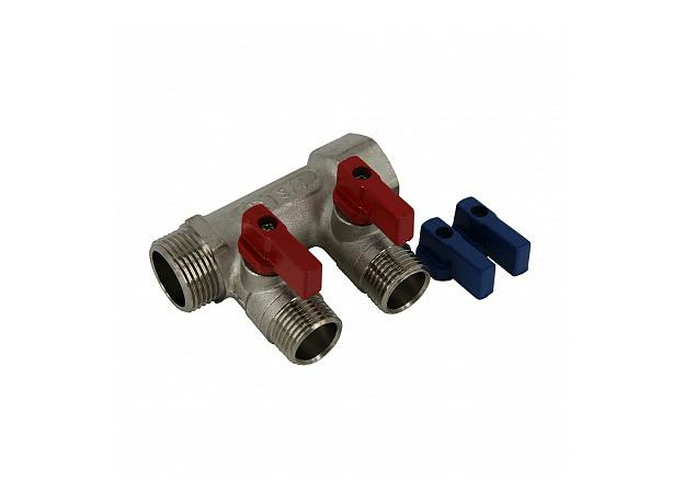 Коллектор латунный с шаровыми кранами 3/4" ВР/НР 2 отвода 1/2" НР красные и синие ручки в комплекте Коллектор латунный с шаровыми кранами 3/4" ВР/НР 2 отвода 1/2" НР красные и синие ручки в комплекте
