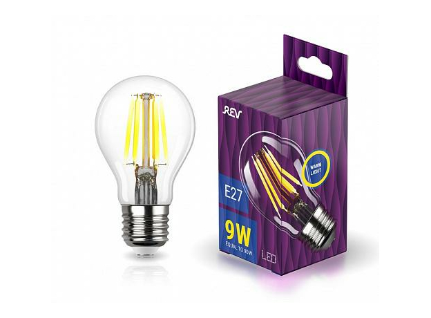 Лампа светодиодная 9Вт Е27 A60 2700К 855Лм прозрачная 230В грушевидная Filament филаментная DECO Premium 32475 1 REV