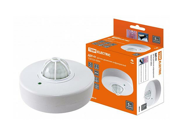 Датчик движения ДДП-01 1100Вт, 5-480с, 2-8м, 5+Лк, 120(сбоку)+360(сверху) гр, IP33, белый SQ0324-0004 TDM