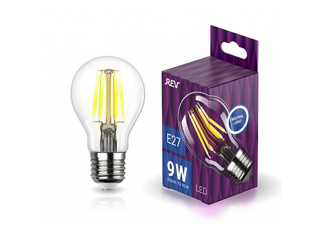 Лампа светодиодная 9Вт Е27 A60 4000К 898Лм прозрачная 230В грушевидная Filament филаментная DECO Premium 32476 8 REV