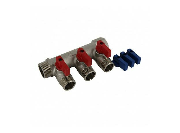 Коллектор латунный с шаровыми кранами 3/4" ВР/НР 3 отвода 1/2" НР красные и синие ручки в комплекте