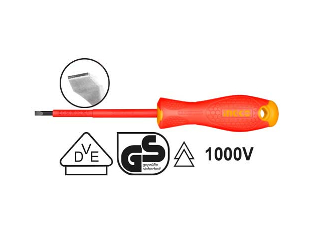 Отвертка шлицевая диэлектрическая SL 3.0*75мм; Cr-V; (VDE до 1000В) INGCO INDUSTRIAL HISD813075