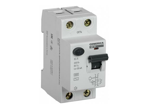 Выключатель дифференциальный (УЗО) ВД1-63 2п 63А 30мА GENERICA MDV15-2-063-030 IEK