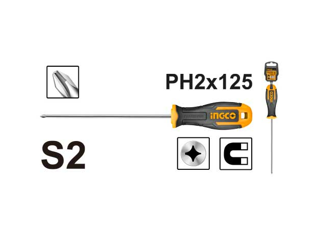 Отвертка крестовая PH2*125мм S2 INGCO INDUSTRIAL HS68PH2125