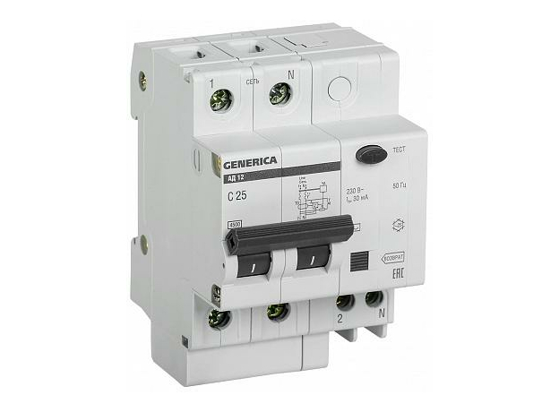 Выключатель автоматический дифференциальный АД12 2п 25А 30мА GENERICA MAD15-2-025-C-030 IEK