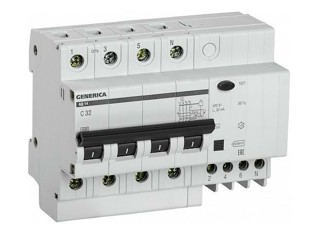 Выключатель автоматический дифференциальный АД14 4п 32А 30мА GENERICA MAD15-4-032-C-030 IEK
