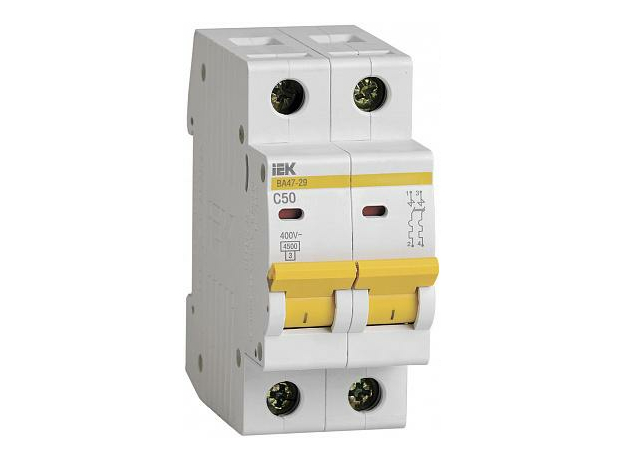 Автоматический выключатель модульный IEK ВА47-29 двухполюсный 2п 50А C 4,5кA AC/DC (перемен./постоян.) (MVA20-2-050-C)