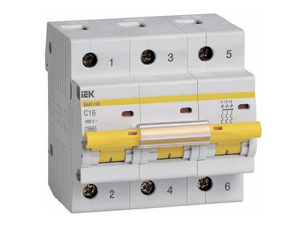 Автоматический выключатель модульный IEK ВА47-100 трехполюсный 3п 16А C 10кA AC/DC (перемен./постоян.) (MVA40-3-016-C)