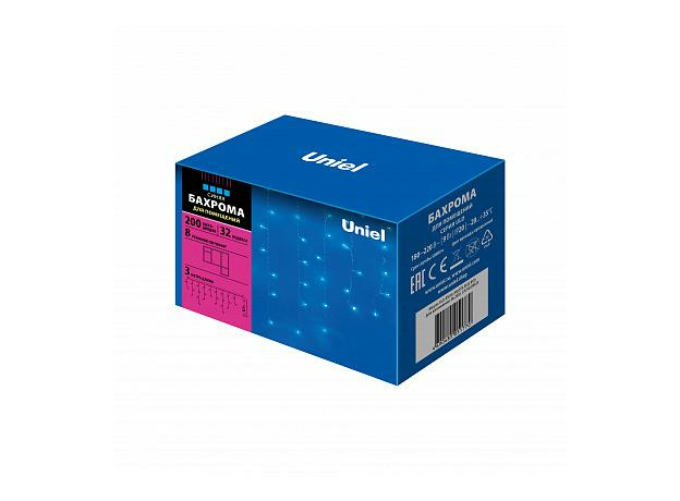 Гирлянда светодиодная Бахрома 3м 200 Led Синий свет, с контроллером, прозрачный провод IP20 ULD-B3010-200/DTA 07950 Uniel