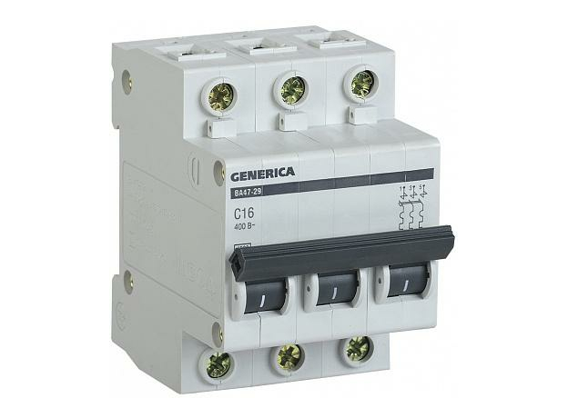 Выключатель автоматический ВА47-29 характеристика С 3п 16А 4,5кА GENERICA MVA25-3-016-C IEK