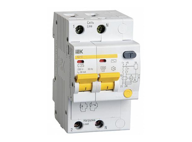 Автомат дифференциальный (дифавтомат) АД12 2/25/30mA тип АС (MAD10-2-025-C-030) IEK