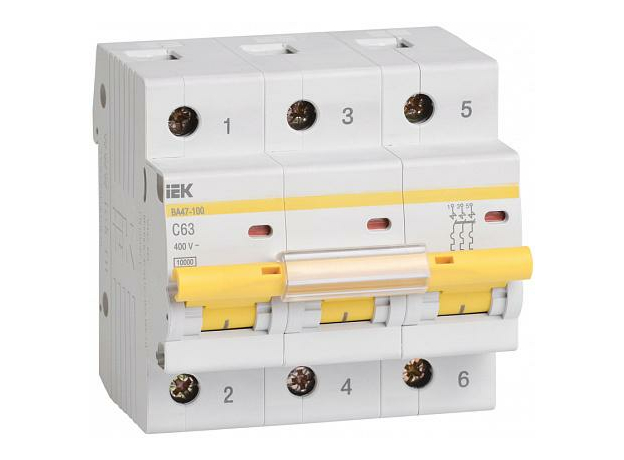 Автоматический выключатель модульный IEK ВА47-100 3п 63А C 10кA AC/DC (перемен./постоян.) (MVA40-3-063-C)