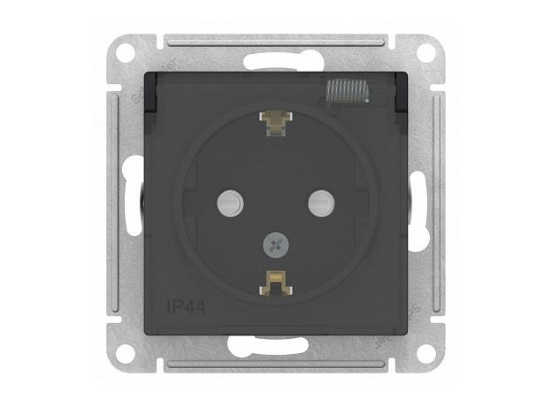 Розетка Atlasdesign скрытой установки IP44 с заземлением со шторками с крышкой 16А механизм AQUA IP44 карбон ATN441046 Schneider Electric