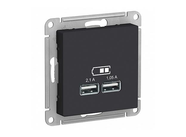 Розетка USB двойная Atlasdesign скрытой установки 5В двухместная 2,1А+1,05А механизм карбон ATN001033 Schneider Electric