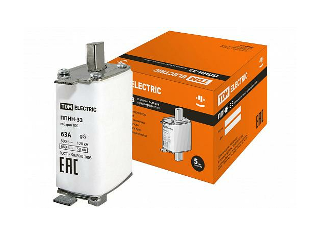 Плавкая вставка предохранителя ППНН-33, габарит 00C, 63А SQ0713-0063 TDM