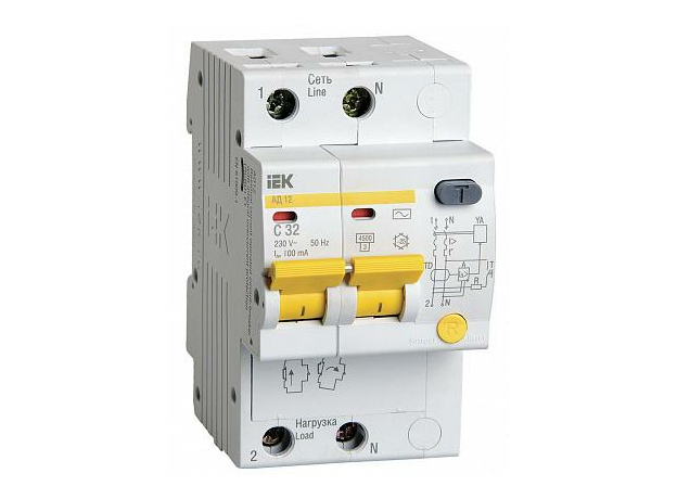 Автомат дифференциальный АД12 2/32/100mA тип АС (MAD10-2-032-C-100) IEK Автомат дифференциальный АД12 2/32/100mA тип АС (MAD10-2-032-C-100) IEK