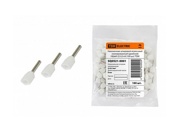 Наконечник штыревой втулочный изолированный (двойной) НШвИ (2) 0,5.8 (100 шт) SQ0521-0001 TDM