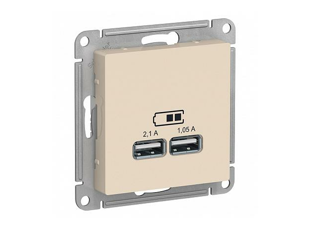 Розетка USB двойная Atlasdesign скрытой установки 5В двухместная 2,1А+1,05А механизм бежевый ATN000233 Schneider Electric