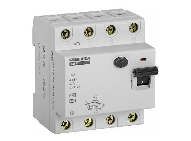 Выключатель дифференциальный (УЗО) ВД1-63 4п 63А 30мА GENERICA MDV15-4-063-030 IEK